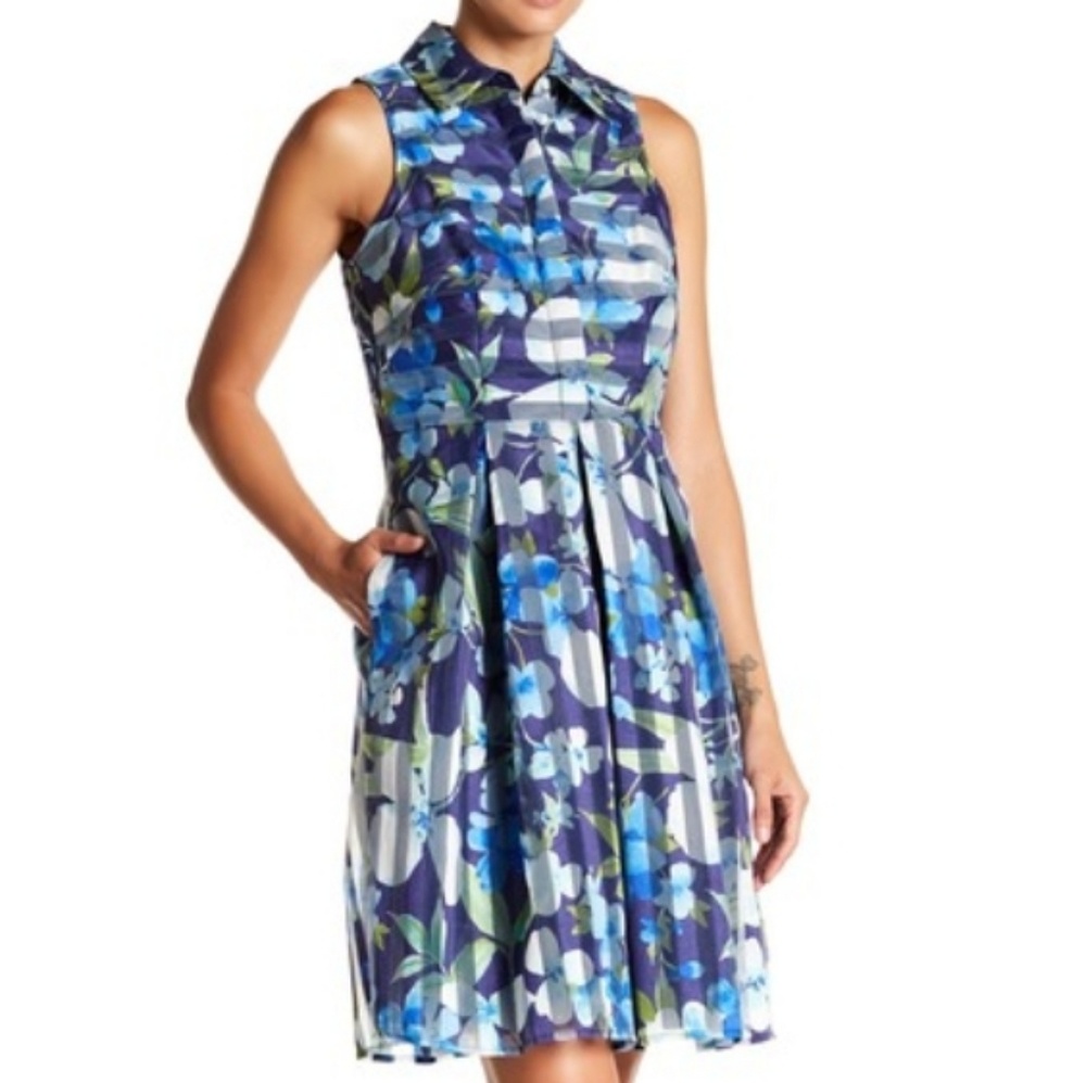 Sandra Darren Floral Stripe Pattern Sleeveless Collar Pleated Lined Dress Pocket